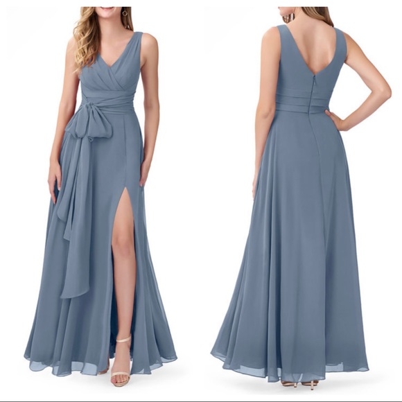 Azazie Bianca Slit Front Waist Tie Formal Evening Dress with V Neck (NWT) - Picture 2 of 8